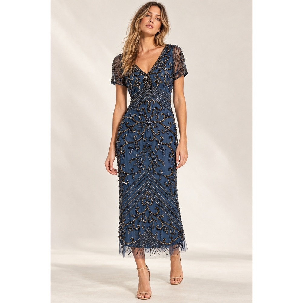 Pisarro Nights Beaded Mesh Cocktail Dress Slate Blue Grey Size 2 V-Neck Sheath